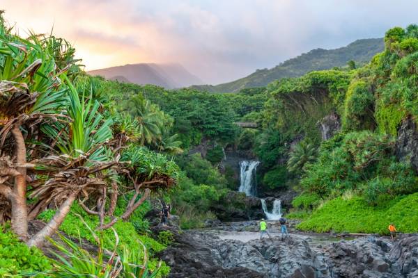 Waterfall on the Road to Hana at sunset. 