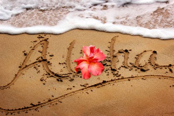 Aloha written in the sand as a wave washes up