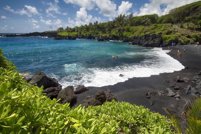 black sand beach along road to Hana on Maui