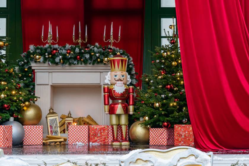 nutcracker decorations on a stage at Christmas